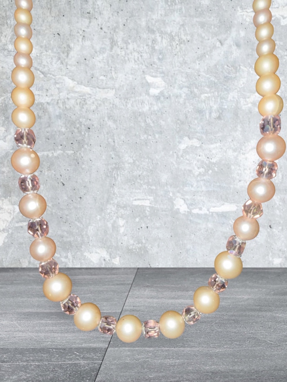 Vintage Faux Champagne Pearl and Pink Crystal Necklace 24”
